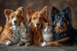 ai généré amical portrait de chiens et chats sur une marron Contexte photo