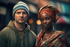 ai généré portrait de une homme et une femme patriotes de leur pays contre le Contexte de une ville rue photo