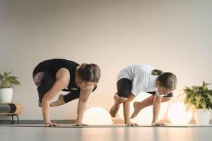 maman et adolescent fille faire gymnastique ensemble dans le aptitude chambre. une femme et une fille train dans le Gym photo