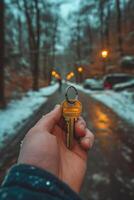 ai généré une homme main en portant le clé à le maison contre le Contexte de la nature photo