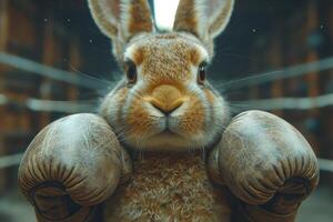 ai généré une lâche lapin dans boxe gants sur le Contexte de le anneau. 3d illustration photo