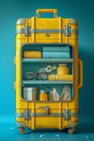 ai généré une emballé Jaune valise avec Voyage accessoires dans une bleu intérieur photo