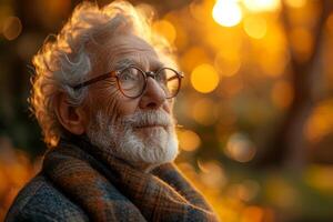 ai généré portrait de un personnes âgées homme dans fermer dans un l'automne parc photo