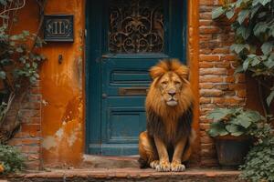 ai généré une gros Lion est séance garde le de face porte de le maison photo