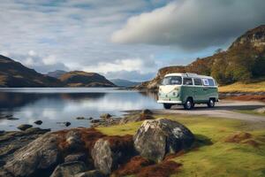 ai généré camping près le Lac dans une camping car . camping dans une campeur van photo