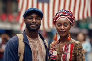 ai généré portrait de une homme et une femme patriotes de leur pays contre le Contexte de une ville rue photo