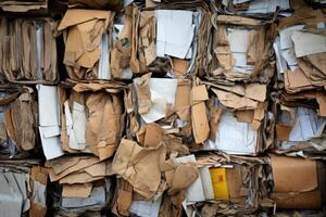 ai généré une pile de papier carton déchets est empilés dans un lieu. décharge. le concept de réutilisation photo