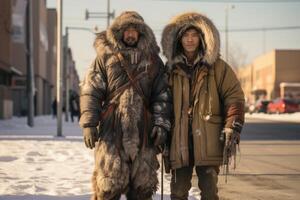 ai généré deux esquimau Hommes dans fourrure manteaux supporter à l'extérieur pendant le journée dans hiver photo