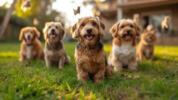 ai généré portrait de une groupe de jack Russell chiens dans été sur une vert pelouse photo