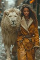 ai généré magnifique à la mode Jeune femme avec une magnifique gros Lion photo