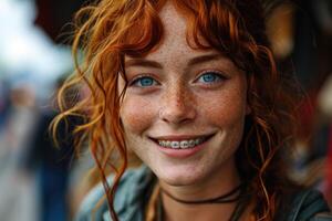 ai généré portrait de une Jeune roux femme avec un appareil dentaire sur sa les dents sur une rue Contexte. longue frisé rouge cheveux photo