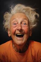 ai généré portrait de une de bonne humeur personnes âgées femme sur une noir Contexte photo