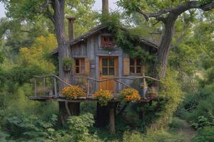 ai généré mignonne peu arbre maison pour des gamins dans le forêt photo