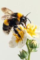 ai généré une abeille en volant près fleurs à collecte mon chéri sur une blanc Contexte photo