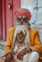 ai généré un personnes âgées Indien homme sur le rue dans traditionnel vêtements photo