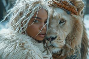 ai généré magnifique à la mode Jeune femme avec une magnifique gros Lion photo