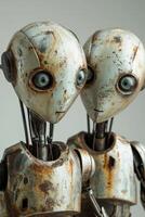 ai généré une futuriste romantique couple, une homme et une femme sont des robots photo
