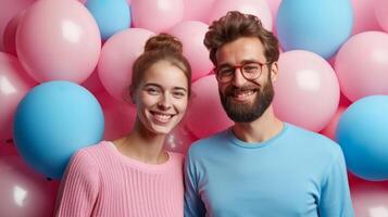 ai généré une Jeune couple sur une Contexte de rose et bleu des ballons. le sexe fête photo