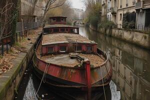 ai généré un vieux bateau dans le ville canal sur le l'eau photo