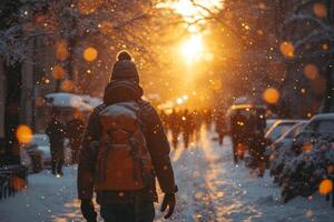 ai généré une touristique en marchant avec une sac à dos par une neigeux hiver forêt à le coucher du soleil photo