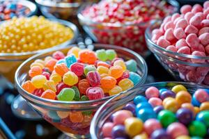 ai généré beaucoup de coloré des sucreries et caramel bonbons dans une assiette photo