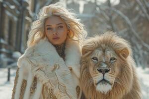 ai généré magnifique à la mode Jeune femme avec une magnifique gros Lion photo