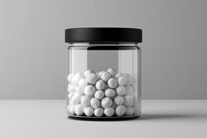 ai généré blanc capsules pour médicaments ou nourriture additifs dans une transparent Plastique bouteille sur une blanc Contexte photo