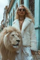 ai généré magnifique à la mode Jeune femme avec une magnifique gros Lion photo