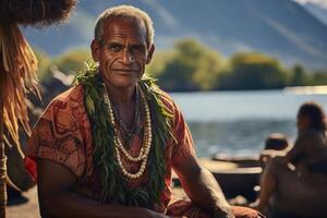 ai généré portrait de une polynésien homme de le pacifique île de Tahiti. français Polynésie photo