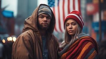 ai généré portrait de une homme et une femme patriotes de leur pays contre le Contexte de une ville rue photo