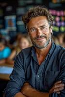 ai généré portrait de une souriant Masculin prof dans un élémentaire école salle de cours photo