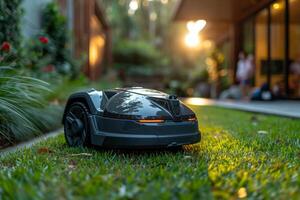 ai généré une robotique pelouse tondeuse des stands sur le pelouse près le maison à le coucher du soleil photo