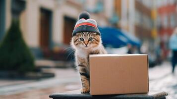 ai généré une mignonne chat dans une chapeau des stands derrière une papier carton boîte, prêt comme si livrer il sur une ville rue photo