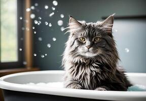 ai généré une Maine nègre chat est assis calmement dans une baignoire rempli avec eau, mettant en valeur le toilettage aspect de Maine nègre se soucier photo