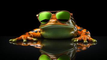 ai généré élégant crapaud dans des lunettes de soleil sur noir Contexte illustration. photo