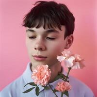 ai généré portrait de garçon en portant fleur pour conception printemps salutation Publier photo