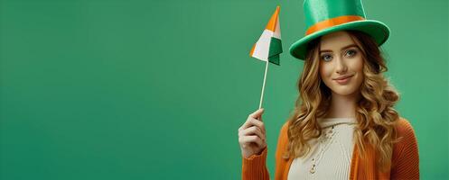 ai généré femmes célébrer st. patrick s journée avec lutin chapeau et en portant irlandais drapeau photo