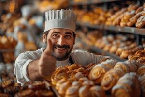 ai généré souriant Masculin boulanger montrant les pouces en haut tandis que travail dans boulangerie, concentrer sur premier plan photo