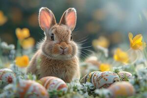 ai généré Pâques carte, mignonne lapin parmi pascal des œufs photo