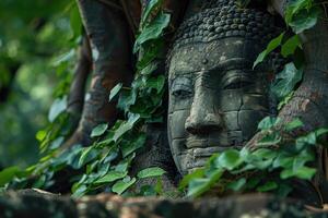 ai généré ancien Bouddha statue enlacé avec arbre les racines dans le ruines de un vieux temple photo