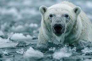 ai généré polaire ours émerge de en dessous de le l'eau parmi le la glace photo