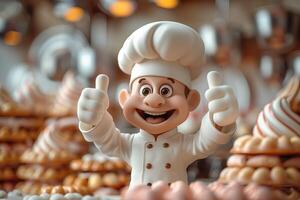 ai généré mignonne peu chef garçon avec une sourire dans une chapeau et une chef uniforme photo