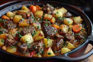 ai généré Viande et des légumes mijoter dans une pot sur le table photo