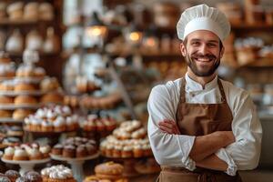 ai généré de bonne humeur Masculin Pâtisserie chef permanent avec bras franchi dans boulangerie magasin photo