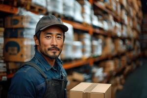 ai généré asiatique homme ouvrier avec boîte dans mains dans entrepôt photo