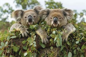 ai généré paire de koala ours sur eucalyptus arbre photo