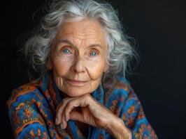ai généré portrait de un personnes âgées femme sur une noir Contexte. tonique. photo