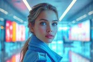 ai généré portrait de une fille avec bleu yeux dans bleu vêtements à l'intérieur photo