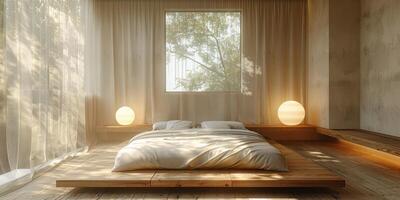 ai généré brillant et confortable moderne chambre avec en bois grand lit. lissage Matin lumière avec moderne décoration. 3d rendre photo