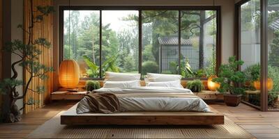 ai généré brillant et confortable moderne chambre avec en bois grand lit. lissage Matin lumière avec moderne décoration. 3d rendre photo